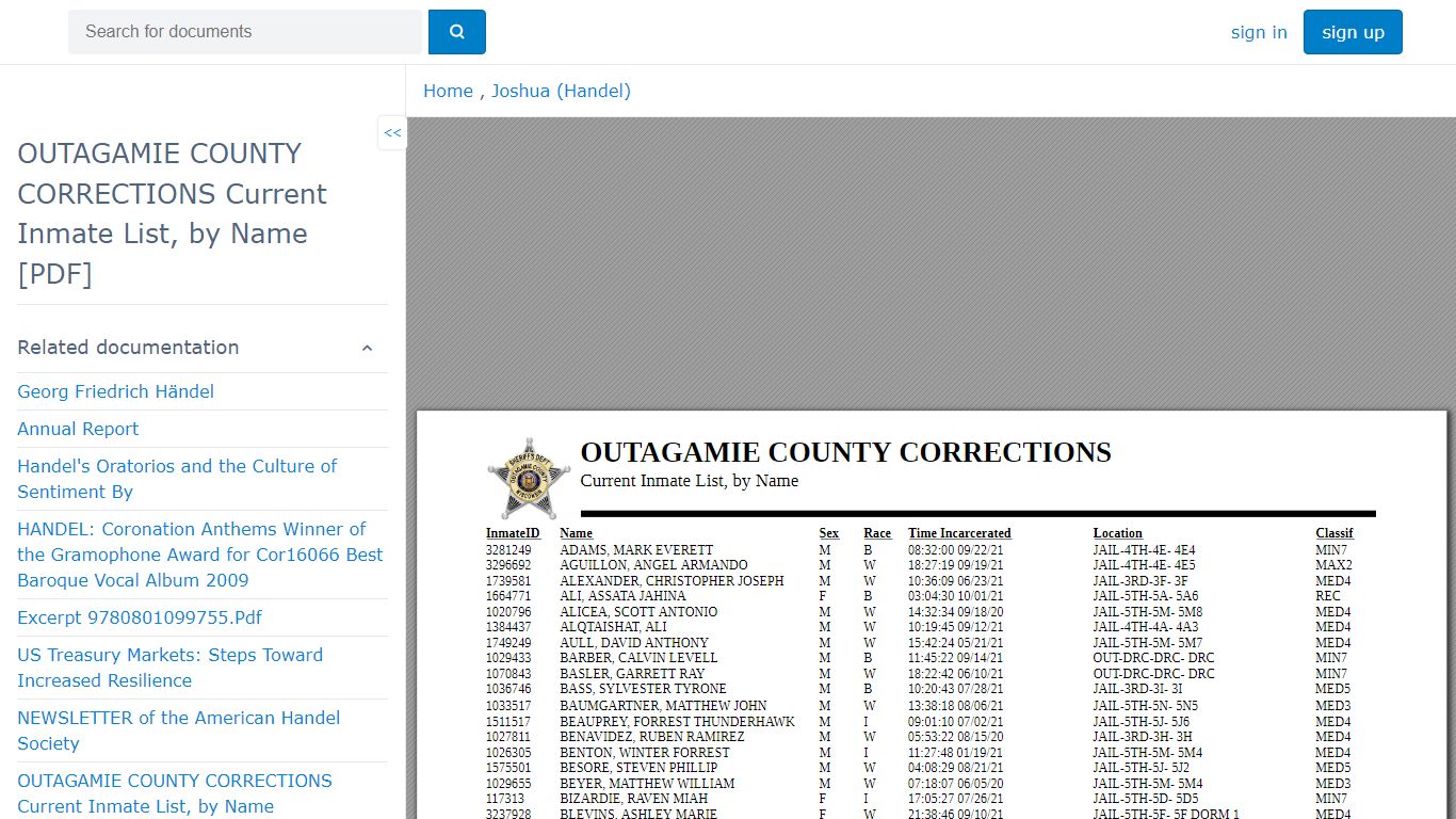 OUTAGAMIE COUNTY CORRECTIONS Current Inmate List, by Name